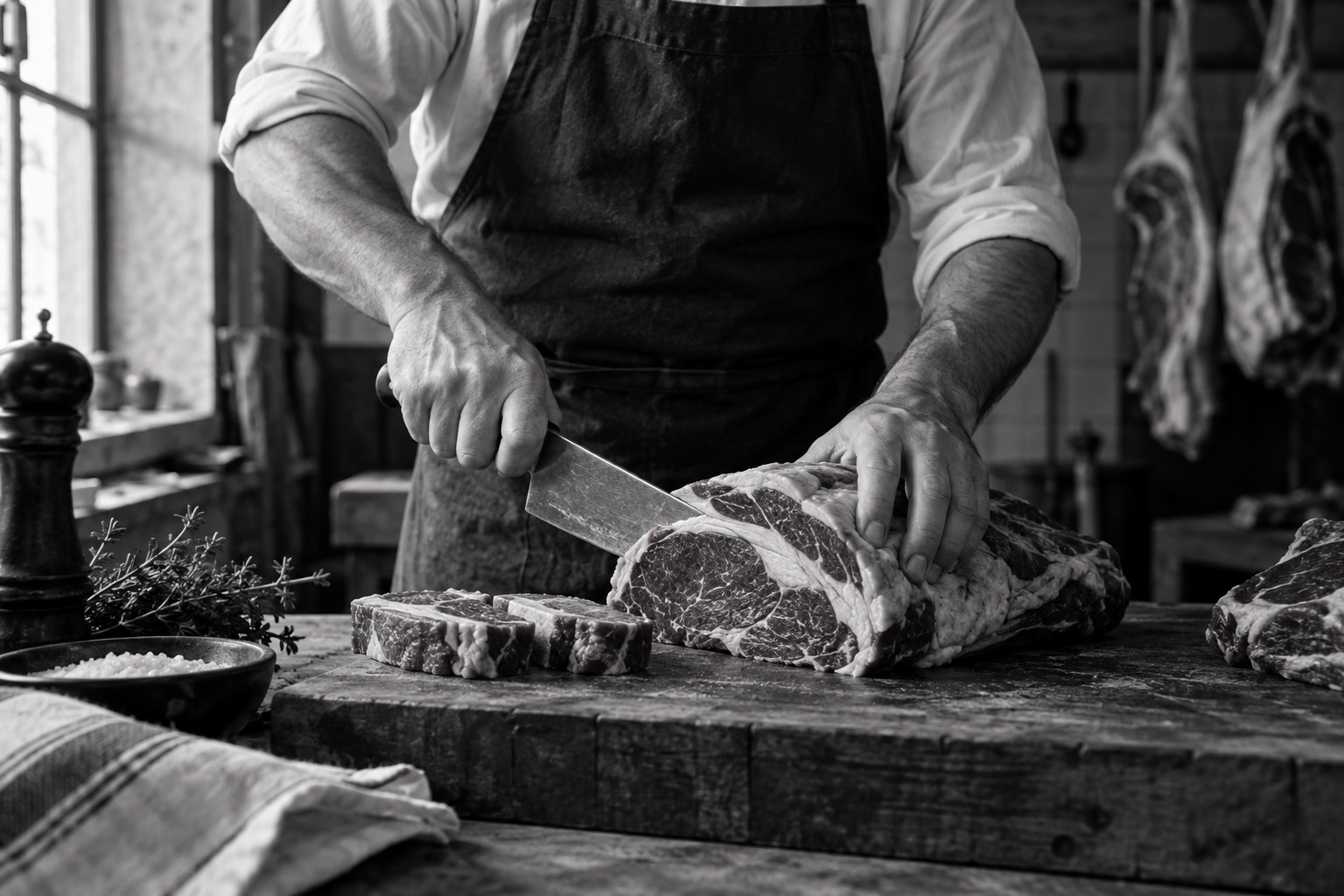 Les gestes d’un artisan boucher préparant une pièce de viande