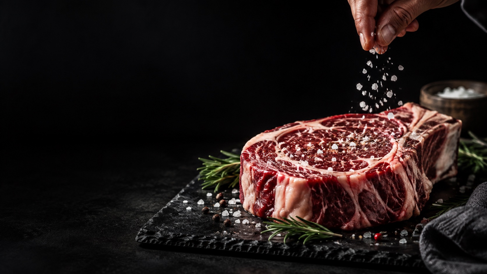Côte de bœuf persillée et romarin sur une ardoise noire